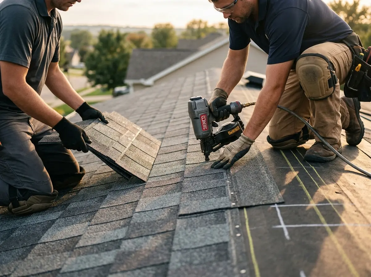Professional roofer working on a residential roof in Lovejoy